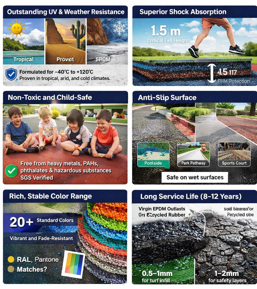 UV resistant EPDM playground surface for outdoor use shock absorbing rubber flooring with 1.5m fall protection non-toxic child safe EPDM playground flooring SGS certified anti-slip rubber surface for poolside and park pathways colorful EPDM granules with UV stable pigments long service life EPDM rubber flooring outdoor EPDM granules different sizes for turf infill and safety layers